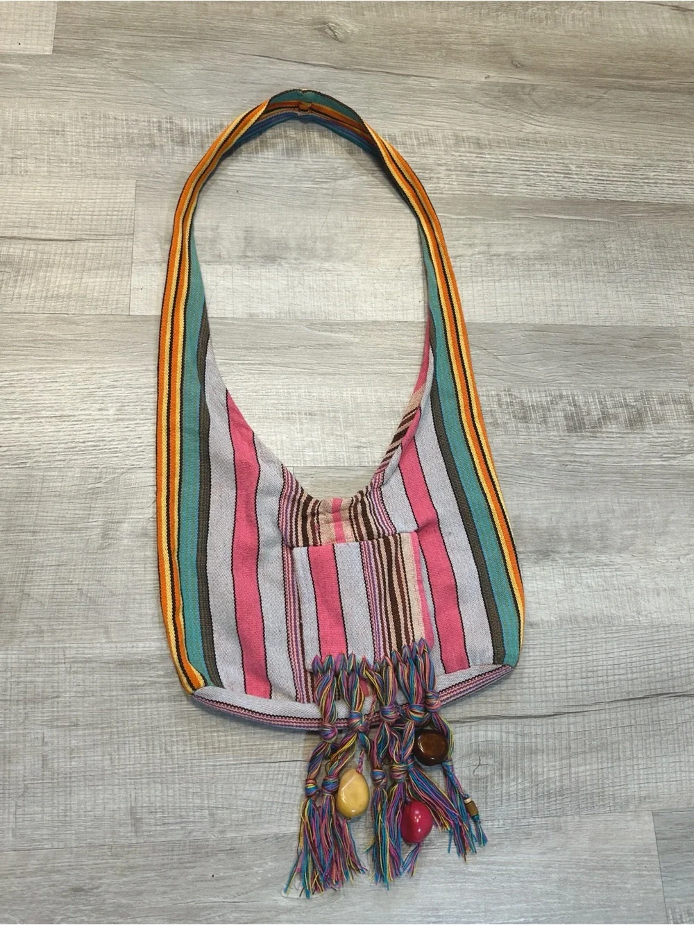 Boho Striped Retro Chic Cotton Beaded Tassel Sling Bag in Pink, Green & Yellow